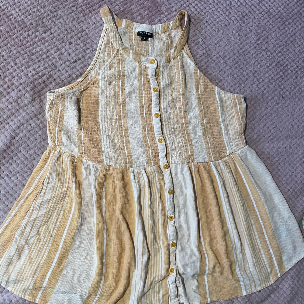 Torrid Beige and White Striped Sleeveless Blouse